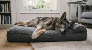 German Shepherd lying fully stretched out on an extra-large pressure-relief dog bed for large senior dogs.