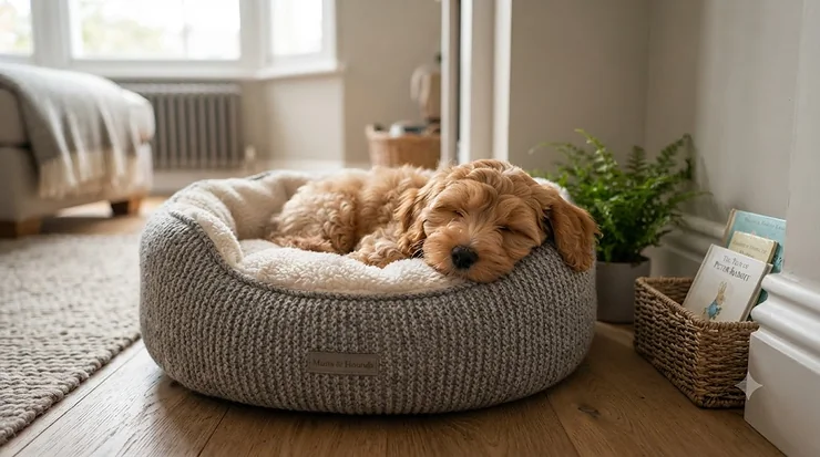 A fluffy puppy curled up and sleeping in a cosy, cushioned first bed for a puppy. first bed for puppy