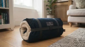 A grey soft-walled crate bed suitable for small breeds.