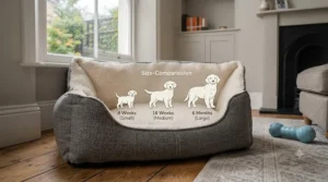 A high-sided puppy bed providing extra comfort and a sense of security for a small, sleeping puppy.