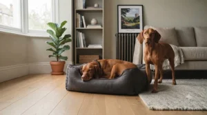 Comparison showing a large faux suede dog bed next to a medium breed dog for size reference.