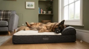 German Shepherd sleeping stretched out comfortably on an extra-large orthopaedic dog bed.