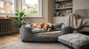 A large tough fabric dog bed featuring a removable, machine-washable cushion for easy maintenance.