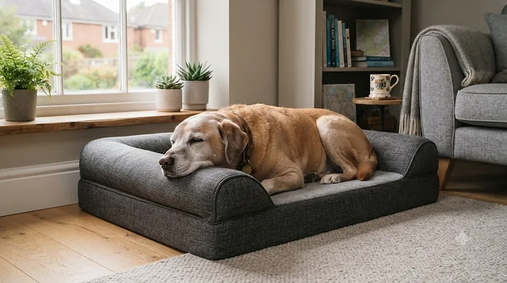 A senior dog resting comfortably on a low-entry orthopaedic dog bed designed for arthritic joints. low-entry dog bed for arthritic dogs