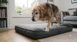Elderly Labrador gently stepping onto a low-profile pressure-relief dog bed designed for large senior dogs with mobility issues.
