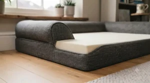 Close-up showing the low-profile entryway of an orthopaedic dog bed for easy access.