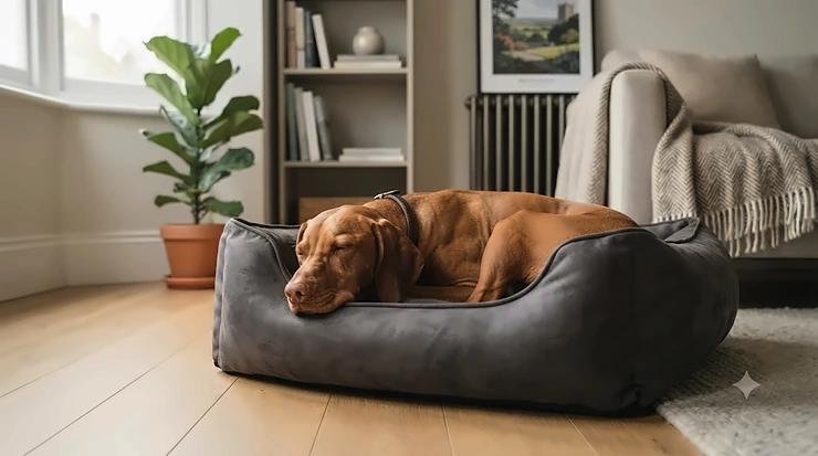 premium, orthopaedic faux suede dog bed in charcoal grey, placed in a modern living room setting. faux suede dog bed