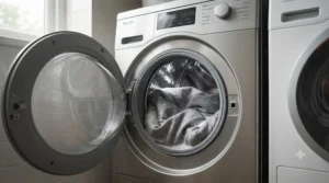 A removable, machine-washable puppy bed cover being placed into a washing machine for easy cleaning.
