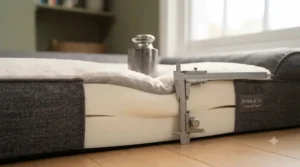 Cross-section view of a high-density memory foam orthopaedic dog bed showing pressure relief layers for painful joints.