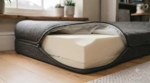 Cutaway view of high-density memory foam providing joint support inside a dog bed.