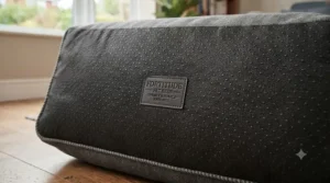 Underside of a chew-resistant puppy bed showing the non-slip, grippy base material.