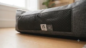 The underside of a puppy crate bed showing the non-slip grip texture.