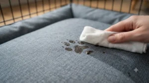 Close-up of the non-slip base on a waterproof puppy bed to prevent sliding on hard floors.