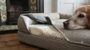 The rubberised anti-skid bottom of a senior dog bed, preventing it from sliding on hardwood and laminate floors.