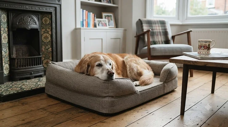 A supportive non-slip dog bed for senior dogs placed on a living room floor in a British home, providing joint relief and stability. non-slip dog bed for senior dogs