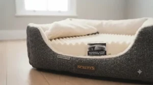 An orthopaedic crate bed for a puppy providing extra support for growing joints.