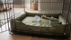An orthopaedic memory foam mattress providing support for a growing puppy.