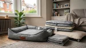 An orthopaedic tough fabric dog bed providing superior joint support for senior dogs.