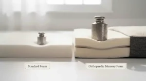 Visual comparison showing how thick orthopaedic memory foam contours to a dog's body shape compared to a flat standard pet bed.