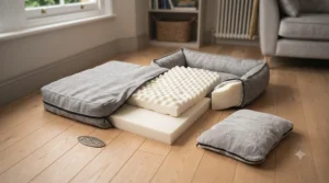 Side profile view of the orthopaedic foam padding within the washable puppy bed, providing excellent joint support.