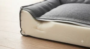 Cutaway view showing high-density orthopedic memory foam inside a supportive reinforced seam dog bed.
