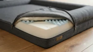 Close-up of high-density orthopedic memory foam inside a step-free dog bed for joint relief.