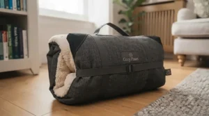 A lightweight, portable puppy bed folded for easy travel.