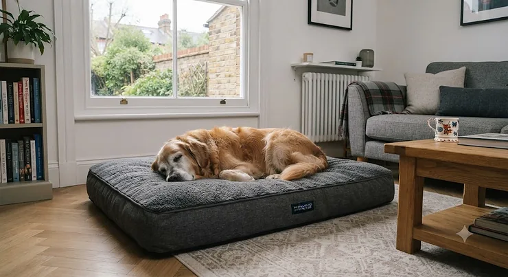 Golden Retriever resting comfortably on an orthopaedic pressure-relief dog bed for large senior dogs in a modern British living room. pressure-relief dog bed for large senior dogs