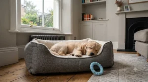 A diagram illustrating how to choose the right size puppy bed to allow for growth during teething.