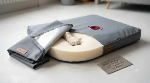 Cross-section illustration showing the waterproof inner liner of a puppy bed protecting the foam core.