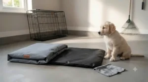 A puppy resting on a supportive orthopaedic foam puppy bed designed for joint support and comfort.