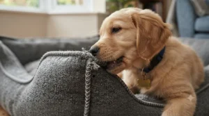 A small puppy testing the corner of a heavy-duty chew-resistant dog bed.
