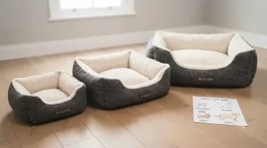 A diagram illustrating how to choose the correct size crate bed for a growing puppy.