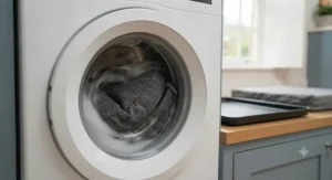 Illustration of the crate mattress cover being placed into a washing machine for easy care.
