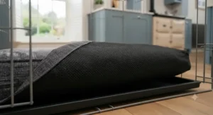 View of the non-slip rubberised base designed to keep the puppy mattress steady in the crate.