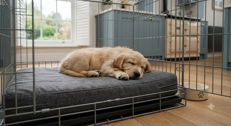 Puppy sleeping comfortably on a luxury orthopaedic memory foam crate mattress with a washable grey cover. puppy crate mattress