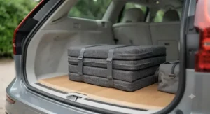 A puppy crate mattress folded neatly for easy transport in a car boot.