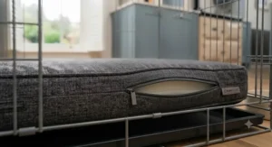 Detail view of the sturdy zip for easy removal and cleaning of the crate mattress cover.