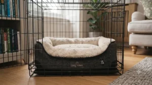 A soft bed fitting perfectly inside a wire dog crate for a puppy.