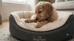 A puppy pawing at the cushioned sides of a soft crate bed.