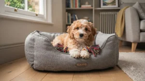 A playful puppy resting on a washable puppy bed with a chew toy, showcasing comfort and durability.