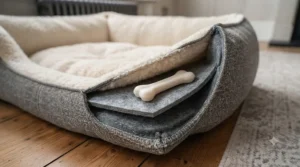 A contented puppy resting on a comfortable, sturdy dog bed designed for the teething stage.
