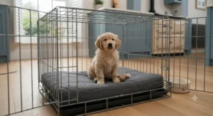 A small puppy curled up and sleeping soundly on a fitted mattress inside a dog crate.