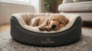 A small puppy sleeping comfortably in a round soft-sided crate bed.
