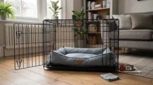 A small puppy sleeping soundly on a chew-resistant, heavy-duty waterproof puppy bed.