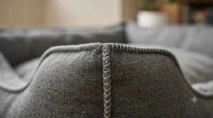 Close-up of reinforced double-stitching on the edge of a chew-resistant puppy bed.