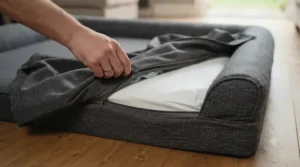 Demonstrating the machine-washable, zipped cover of a durable step-free dog bed for easy cleaning.