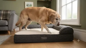Elderly terrier easily stepping onto a low-profile orthopaedic dog bed engineered for dogs with stiffness and mobility issues.