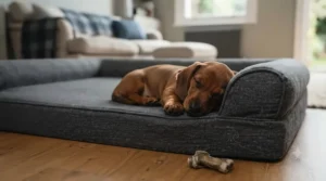 A small Dachshund relaxing safely on a low-profile step-free dog bed designed to prevent jumping injuries.