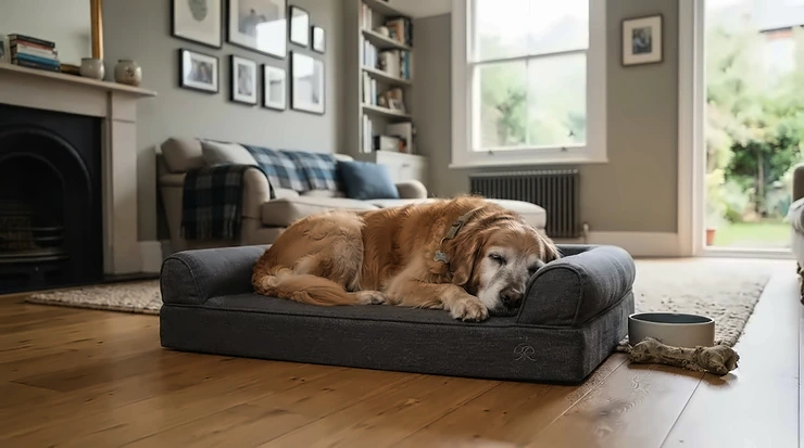 A senior dog resting comfortably on a low-profile step-free dog bed in a modern British living room. step-free dog bed